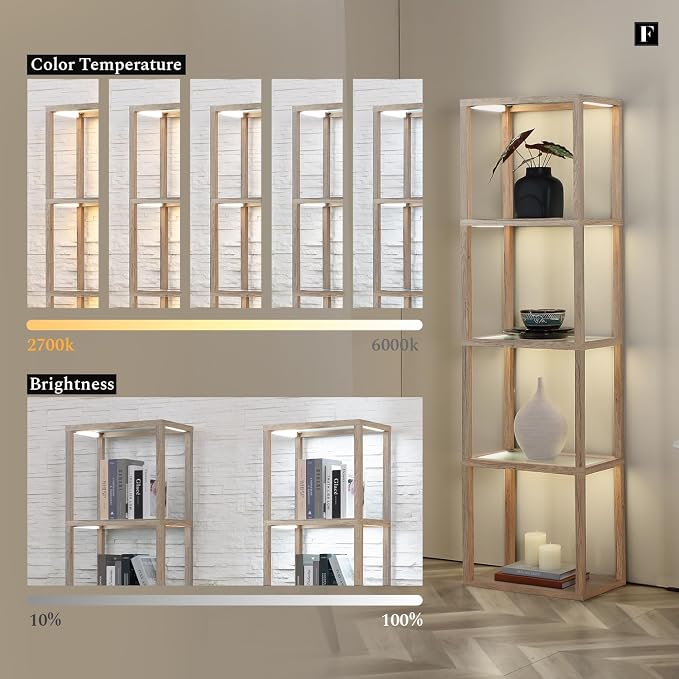 FENLO Fantasy Plus 66" Luxury Glass Display Shelf, Rustic Wood | Dimmable LED Floor Lamps, Curio Cabinet with Bookshelf, Sturdy Shelves, For Bedroom