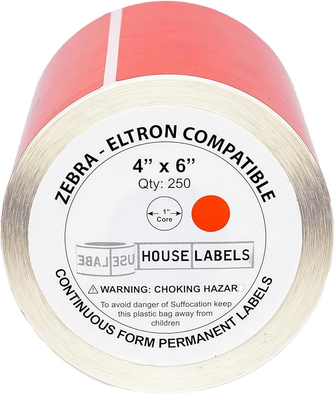 HOUSELABELS 4" x 6" Red Shipping Labels on 1" Core Compatible with Zebra and Rollo Printers, 15 Rolls / 250 Labels per Roll