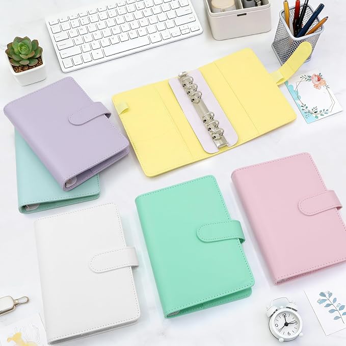 6 Pack A6 Notebook Binder, 6 Ring PU Leather Planner Binder, A6 Refillable Planner Cover Loose Leaf Personal Organizer Cover Budget Binder with Magnetic Buckle Closure for School Office Work