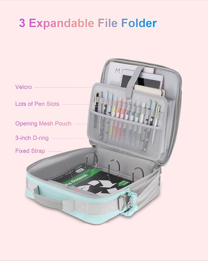 3 Ring Zipper Binder 3 Inch D Rings with Double Water Bottle Holder | Cute Initial Water-Resistant Zip Up Binder for School Office, 700-Sheet Capacity & Shoulder Strap & Laptop Pocket,Light Blue