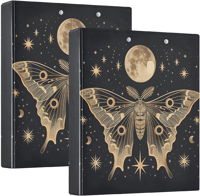 3 Ring Binder 1.5 in Recipe Binders 1 Pcs Moth Moon | Decorative Client Records with Clip 3 Clear Interior Pockets for 200 Sheets Letter-Size(11" x 8.5") Paper PVC Cover Folder