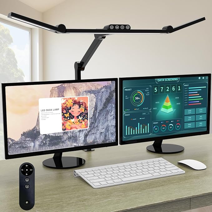 Desk Lamp with Clamp, Architect Led Desk Lamp for Home Office with Remote Control, 24W Ultra Bright Auto Dimming Computer Light Adjustable Table Light for Working Workbench (Remote)