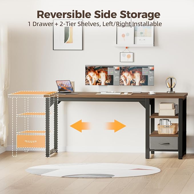 63 in Computer Desk with Drawer, 1" Thick Reversible Office Desk | Large Modern Writing Table with Storage Shelves, Heavy Duty Industrial Executive Desk for Home Bedroom Study Work