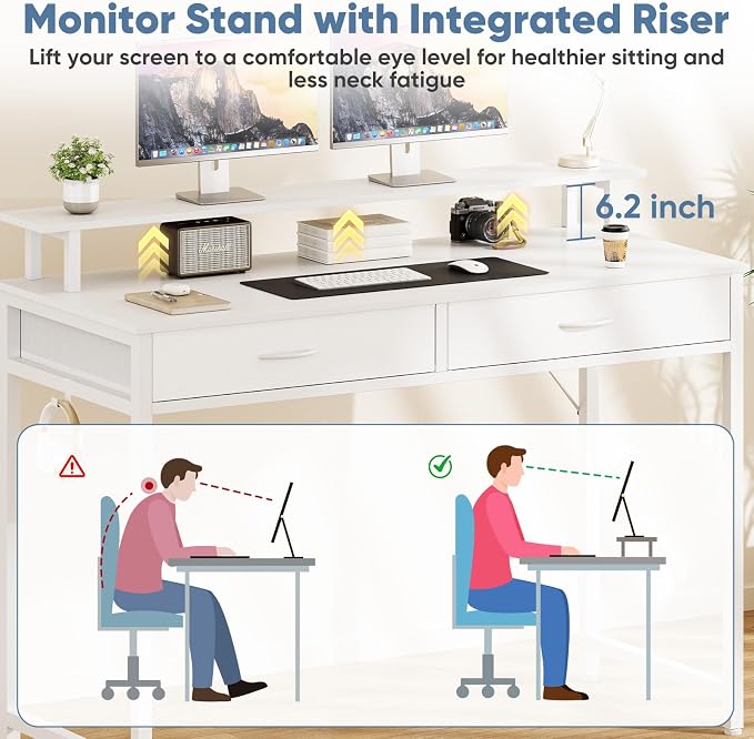 DUMOS 40-Inch Computer Desk with Drawers and Monitor Stand, White | Small Writing Desk for Home Office with Headphone Hook, Compact Study Table for Bedroom