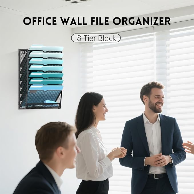 8-Tier Wall File Organizer and Mail Organizer with 5 Hooks, Black | Label slots, curved openings, 5 key hooks, and a bottom tray support organized mail, file, and everyday item storage.