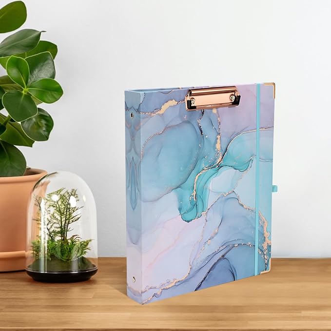 EYROZILL 3 Ring Binders 1 Inch for 8.5" x 11" Paper with 5-Tab Dividers, Cute Three Ring Binder Folders with Clipboard, Aesthetic 3 Ring Binder with Pockets (Green Marble)