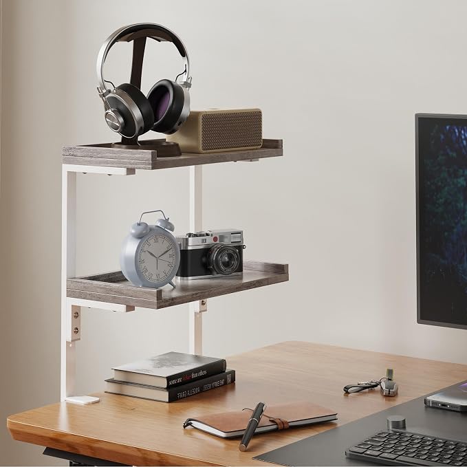 Clamp On Desk Shelf 2-Tier, Wood Shelving Unit for Office Desk/Gaming Accessories, Tabletop Book Storage Rack, Shelf for Top of Desk, Grey