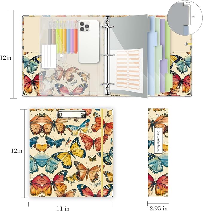 3 Ring Binder 2 Inch for 8.5"x11" Paper, Three Ring Binders with Clipboard, 5 Dividers with Tabs and Pockets, Decorative Binder with Pen Holder,Butterfly