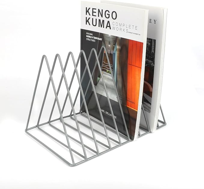 Vinyl Record Holder Storage, 9 Slot Metal Magazine Book Album Display Rack, Stylish Triangle Desktop File Sorter Organizer for Home Office, Grey Pack of 2