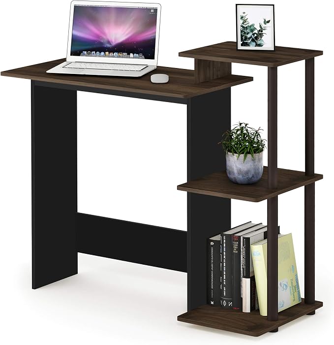 Furinno EFFICIENT Desk, 28.6" Wide Gaming Desk with 3 Open Side Shelves, Laptop Notebook Computer Desk, Office Desk for Home Office, Study Room, Dorm, Bedroom, Columbia Walnut