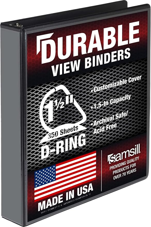 Samsill Durable 1.5 inch 3 Ring Binder, D Ring Binder, 100% Recycled Chipboard, Black