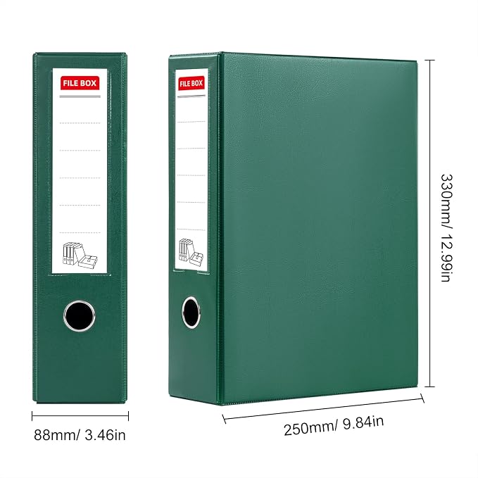 Storage File Boxes 4 Pack, Foldable File Box with Clip, 88mm Spine, Green | Archives Cases with Magnetic Closure, Plastic Document File Organizer Storage