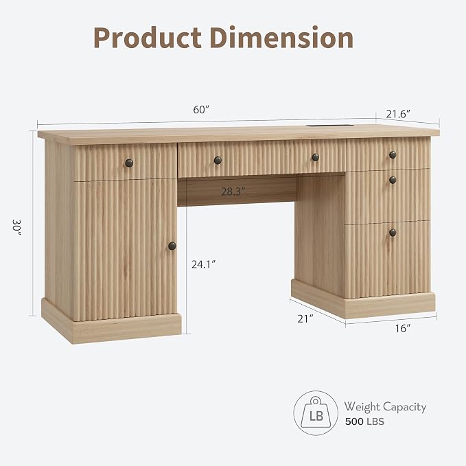 IDEALHOUSE Modern 60" Executive Office Desk with Fluted Details & Charging Station - Wooden Computer Desk with File Drawers, Home Office Storage Desk for Study, Living Room or Bedroom, Burlywood