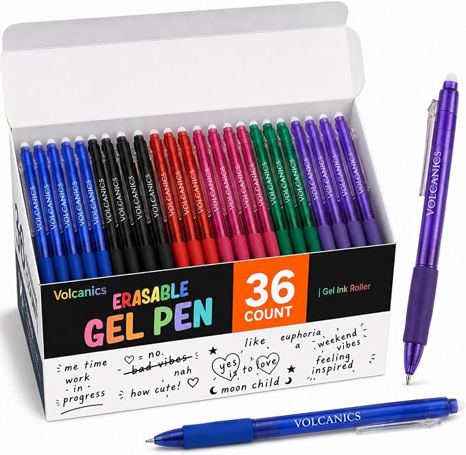 Volcanics Erasable Gel Pens, 36 Pack, 6 Colors, 0.7mm Fine Point