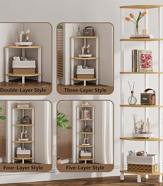 Corner Shelf, 6-Tier Corner Bookshelf, Industrial Corner Ladder Shelf, DIY Storage Shelves, Rustic Display Shelf for Living Room, Bedroom, Kitchen, Home Office, White and Nature Wood Color UJSJ004Q