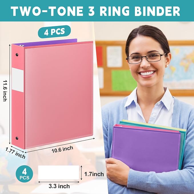 Henoyso 4 Pack Two-Tone Durable 3 Ring Binders 1.5 Inch, Clear Cover with Front & 4 Inner Pockets, Colored Plastic Flexible Binders with Large Capacity for School & Office