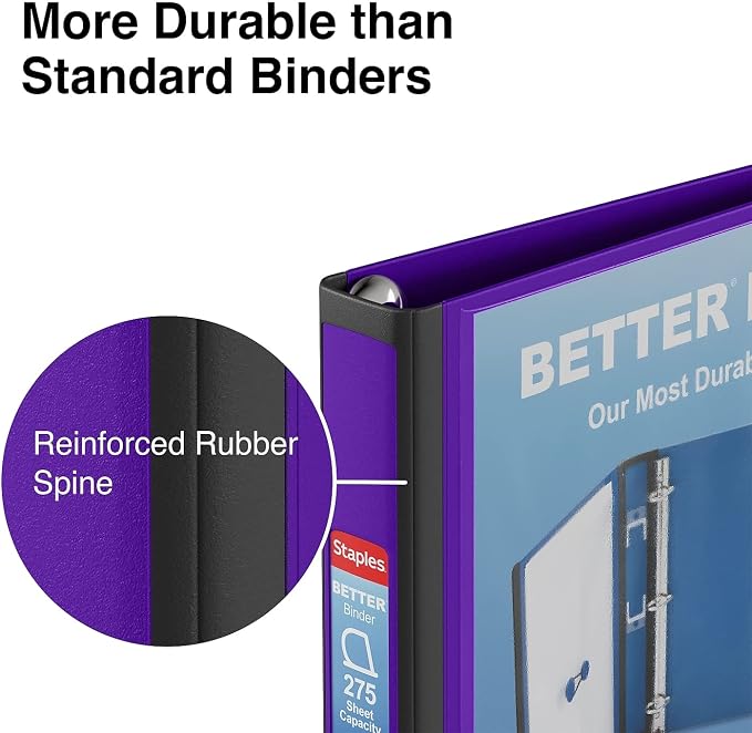 Staples Better Binder, 1-Inch D-Ring View, Purple, 275 Sheets | Reinforced spine for durable everyday use in office and school settings.