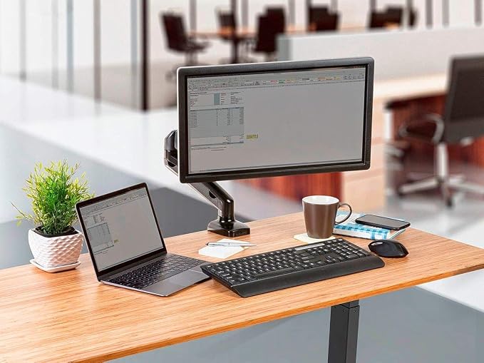 Monoprice Smooth Full Motion Single Monitor Adjustable Gas Spring Desk Mount - for Smaller Screens, Up to 27in Monitors, 14.3 LBS Display Weight, Black