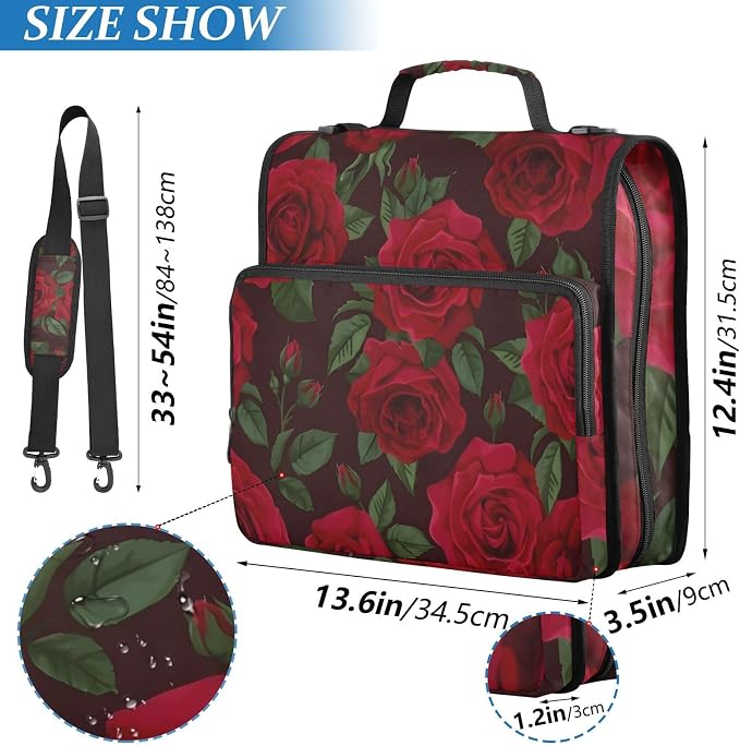 Red Rose Black Roses Zipper Binder Bag 3 Ring Binder with Shoulder Strap Zip Up 500 Sheets Capacity Multi Pockets for School Office Supplies