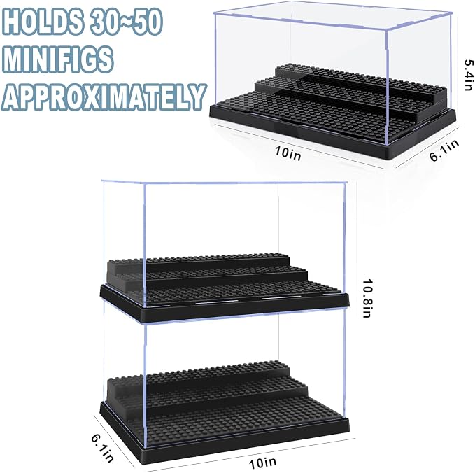 Pokiiulk Display Cases for Minifigures, 2 Mini-Figure Display Boxes Fits for Block Figures, Minifigures Cases with 3 Removable Stands Fits for 95% Minifigs, Characters, L, Black