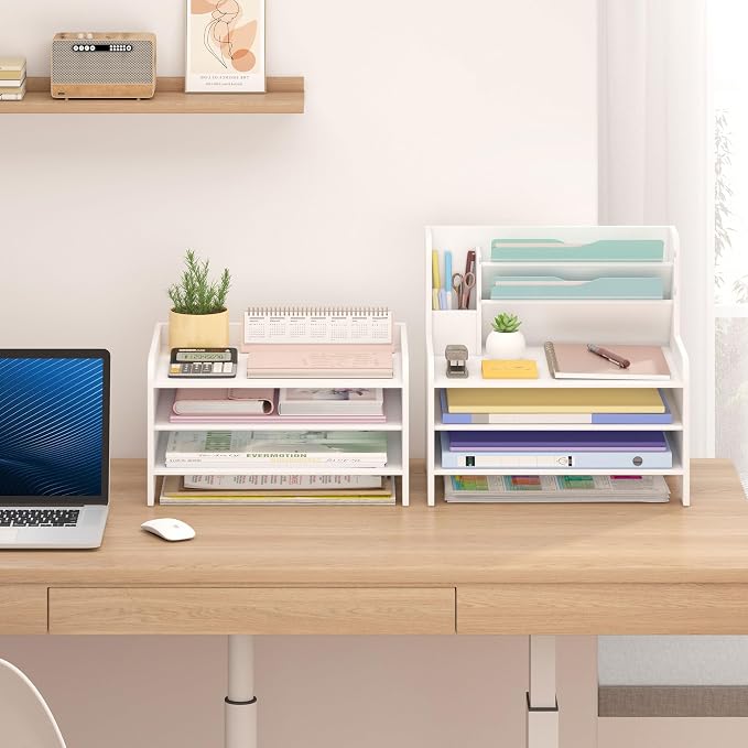 Bamboo File Organizer for Desk, Desktop Paper Tray and Mail Holder | Three open tiers keep A4/letter paper, folders, bills and mail sorted, visible and easy to reach while saving desk space