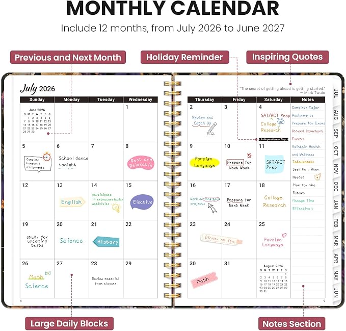 Planner 2026-2027, Academic Year Monthly & Weekly Planner Caledndar, July 2026 - June 2027, Hardcover Large Planning Agenda Book with Tabs for School Office Supplies, 8.5" x 11" - Midnight Bloom