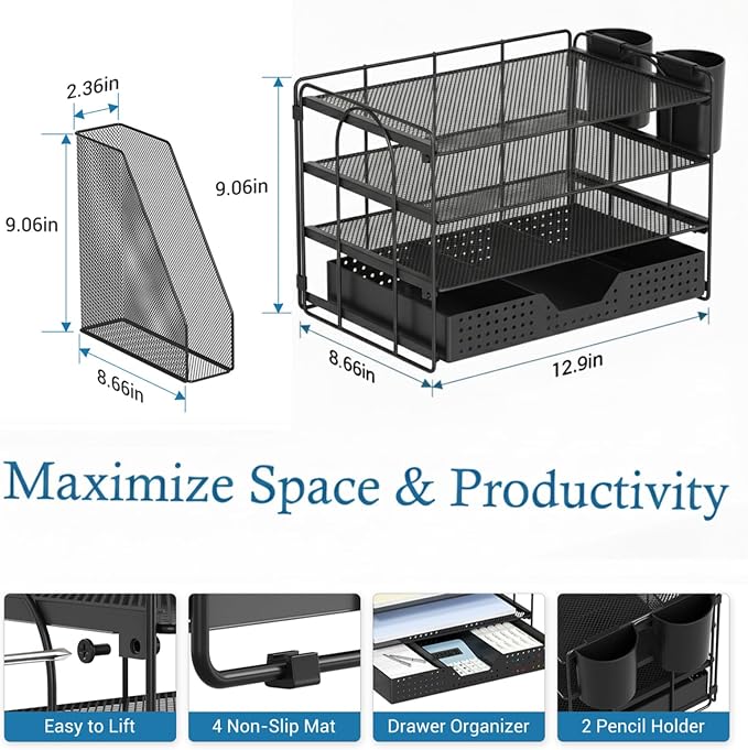 ECOLOVI Desk Organizer, 4-Tier Paper Organizer Letter Tray with File Holder, Drawer and 2 Pen Holders, Desktop File Organizer for Office Supplies, Workspace Storage, Black