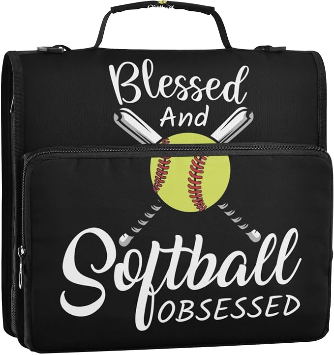 Fisyme Softball Baseball Zipper Binder 3 Ring with Zipper and Shoulder Strap Large Capacity Multi-Pocket Binder Organizers