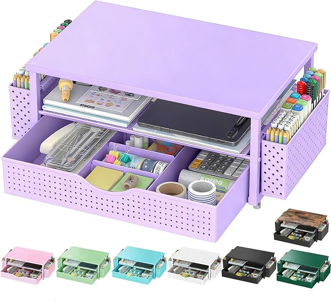 Spacrea Desk Organizer and Accessories, Computer Monitor Stand Riser with Drawer and 2 Pen Holders, Office Desk Accessories & Workspace Organizers for Office Supplies (Purple)