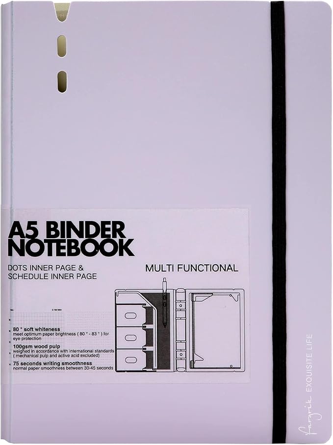 CAGIE A5 Binder 6 Ring Refillable Notebook with Dividers & Pockets | Daily Planning Square Ruled and Dotted Pages, Refill Paper Included, 6.89 x 9.25 In (Purple, A5 Daily & Dot Page)