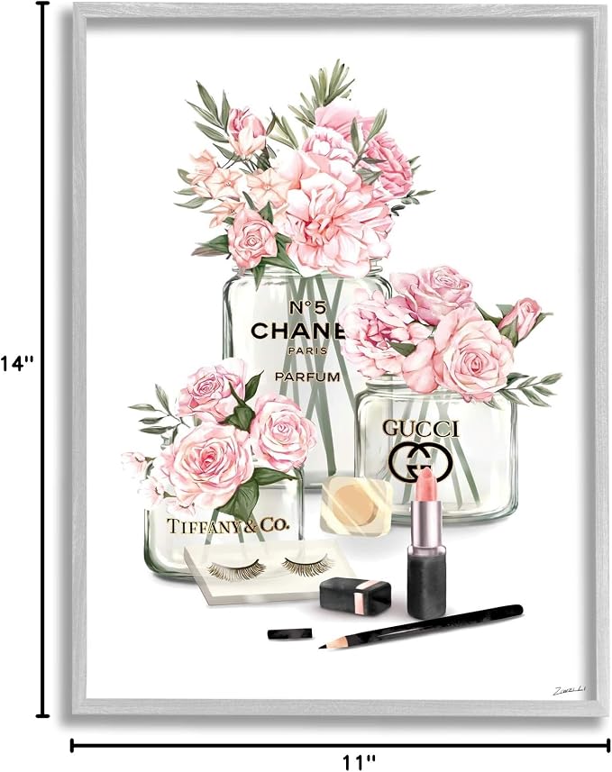 Stupell Industries 'Pink Rose Florals in Glam Fashion Jars', Framed Giclee Art, Gray, 11 x 14 Inches, Easy to Hang and Sturdy, Made in USA, by Ziwei Li