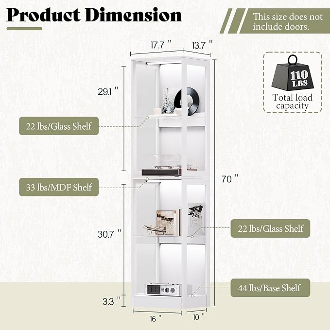 AMERLIFE 18-Inch RGB Open Display Cabinet | 70 H x 18 W x 14 D In, 4-Tier Storage, Adjustable Shelves, RGB LED Lights, Open Design, White