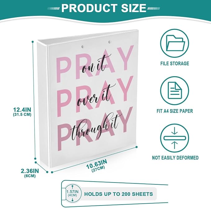 Pray on It Prayer Binder 3 Ring 1.5 Inch Binder with Clipboard&Pockets, Christian Hardcover Binders Heavy Duty Large File Folder for Office School Supplies - Holds 200 Sheets