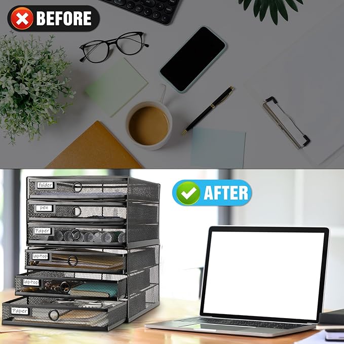 Zhanmai 2 Pack Black Desk Organizer with Drawer Total Wire Mesh Storage Tray Multifunctional Paper Sorter File Stand for Home Office Supplies Letter A4 Paper Office Accessories Back to School (3 Tier)