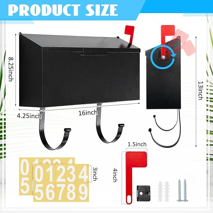 Yaocom Small Cast Wall Mount Mailbox for Outside Metal Mailbox with Newspaper Hooks Heavy Duty Rustproof Wall Mounted Mailbox Galvanized Steel Post Box Large Capacity 16” x 8.25” x 4.25” (Black)
