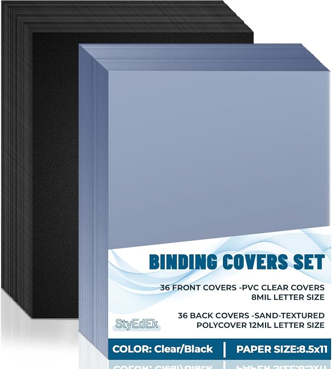 72PCS Binding Covers and Backs Set, 8.5 x11 Inch Clear Book Cover | 36Pcs 8mil Clear PVC Binding Cover, 36Pcs 12mil Black Poly Cover, Letter Size, Un-Punched, Square Corners, for Office