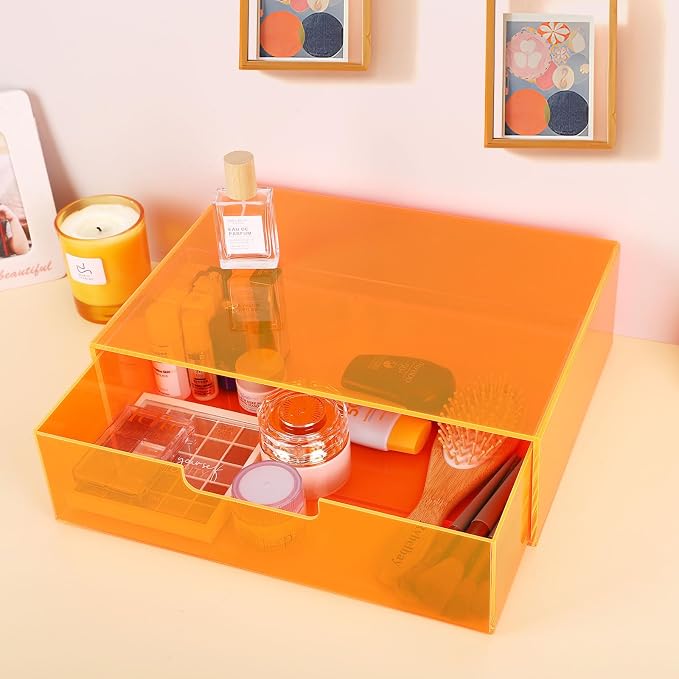 Gelite Acrylic Desk Organizer with Drawer for Makeup Vanity Stackable Desktop Storage Box for Office Supplies, 13.8 x 9.8 x 3.9’’, Neon Orange