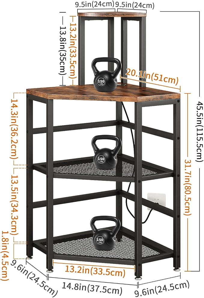 4-Tier Corner Printer Stand with Power Outlet and LED Lights, Rustic Brown | 4 Tier Storage, Corner Space Saving Design, Fits Laser Printer, Scanner and Office Supplies, Home Office Organization