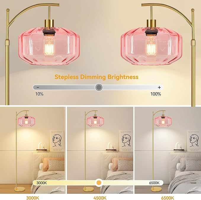 Gold Floor Lamps for Living Room Bedroom,Glass Floor Lamp with Remote Control & Pink Lampshade,Arc Dimmable Floor Lamp Mid Century Modern Standing Lamp Vintage Tall Floor Lamps for Bedroom Corner