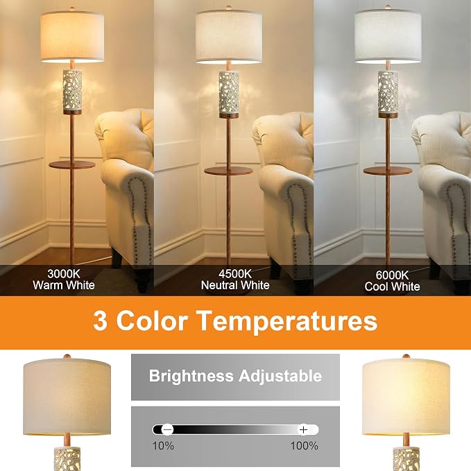 Dimmable Farmhouse Floor Lamp for Living Room, 2-in-1 Rustic Floor Lamp with Main&Night Light,Linen Shade&Dual Switches, 65" Standing Lamp for Bedroom Office Corner Dining Room, Wood Pole Lamp