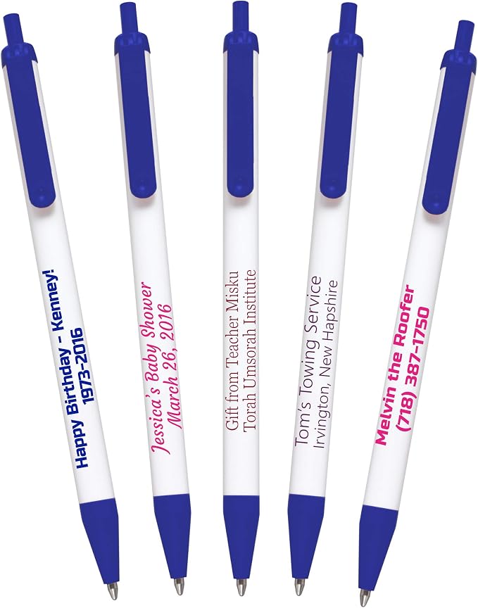 911PENS USA Made, Personalized Writing Ink Ballpoint Novelty Pens, Custom Printed with Your Logo & Text (Pack of 50 White Pens with Dark Blue Trim)