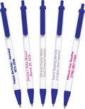 USA Made, Personalized Writing Ink Ballpoint Novelty Pens, Custom Printed with Your Logo & Text (Pack of 100 White Pens with Dark Blue Trim)