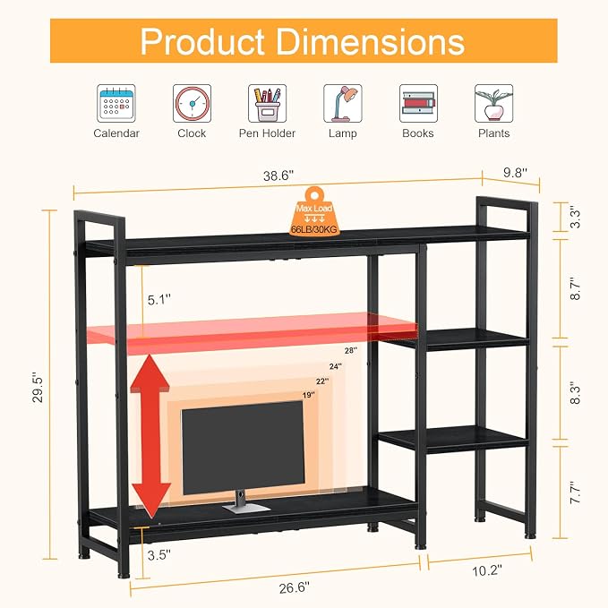 Snughome Adjustable Desk Shelf with Monitor Stand, 38.6" Desktop Organizer Hutch, Height Adjustable Computer Monitor Riser & 4 Tier Storage Bookshelf for Home Office Dorm, Black