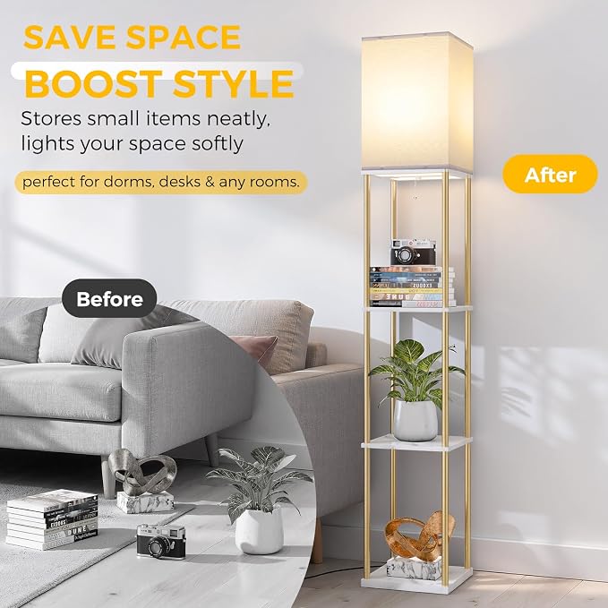 Floor Lamp with Shelves, 3-Tier Square Bookshelf Standing Lamp White & Gold | 3 Color Temperature Bulb Included, Pull Chain Mid Century Tall Lamp for Living Room Bedroom Corner Office Apartment Decor