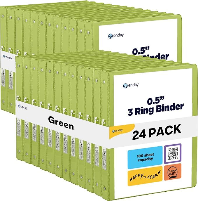 Enday 1/2 inch Binder 3 Ring Binder (24 Pack - Green) O-Ring Binder with Clear View Cover and 2 Inside Pocket - for Letter Size 8.5 x 11'' Paper, Ideal for School Supplies, Office, and Home