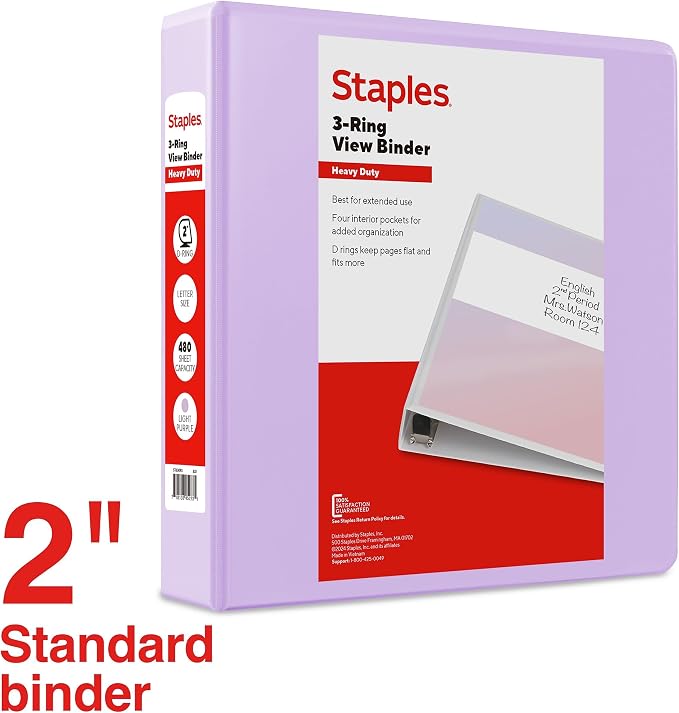 Staples Heavy-Duty 2-Inch 3-Ring View Binder, D-Ring, Light Purple | Durable binder for everyday school and office document storage.