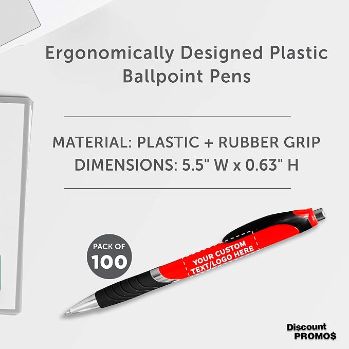 DISCOUNT PROMOS Ballpoint Pens With Rubber Grip - 100 pack - Customizable Text, Logo - Black Ink Ball Point Pen with Soft Touch Plastic - Red