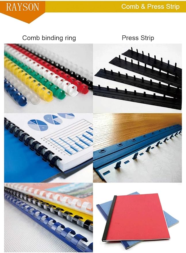 RAYSON SD-1201 21-Hole Comb Binder, 12-Sheet Punch, 200-Sheet Capacity | Manual comb binding machine with a starter comb set, 3-6 mm margin adjustment, and durable metal construction.