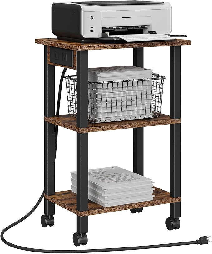 TUTOTAK Printer Stand, 3 Tier Rolling Printer Cart with Charging Station | Small Under Desk Printer Table with Wheels for Small Space, Office, Home, Brown PS02BB001