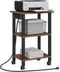 TUTOTAK Printer Stand, 3 Tier Rolling Printer Cart with Charging Station | Small Under Desk Printer Table with Wheels for Small Space, Office, Home, Brown PS02BB001